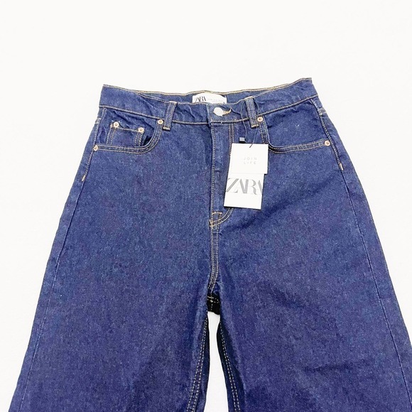 Zara High Rise Wide Leg Dark Wash Denim Jeans Raw Hem SZ6 NWT - Picture 9 of 9